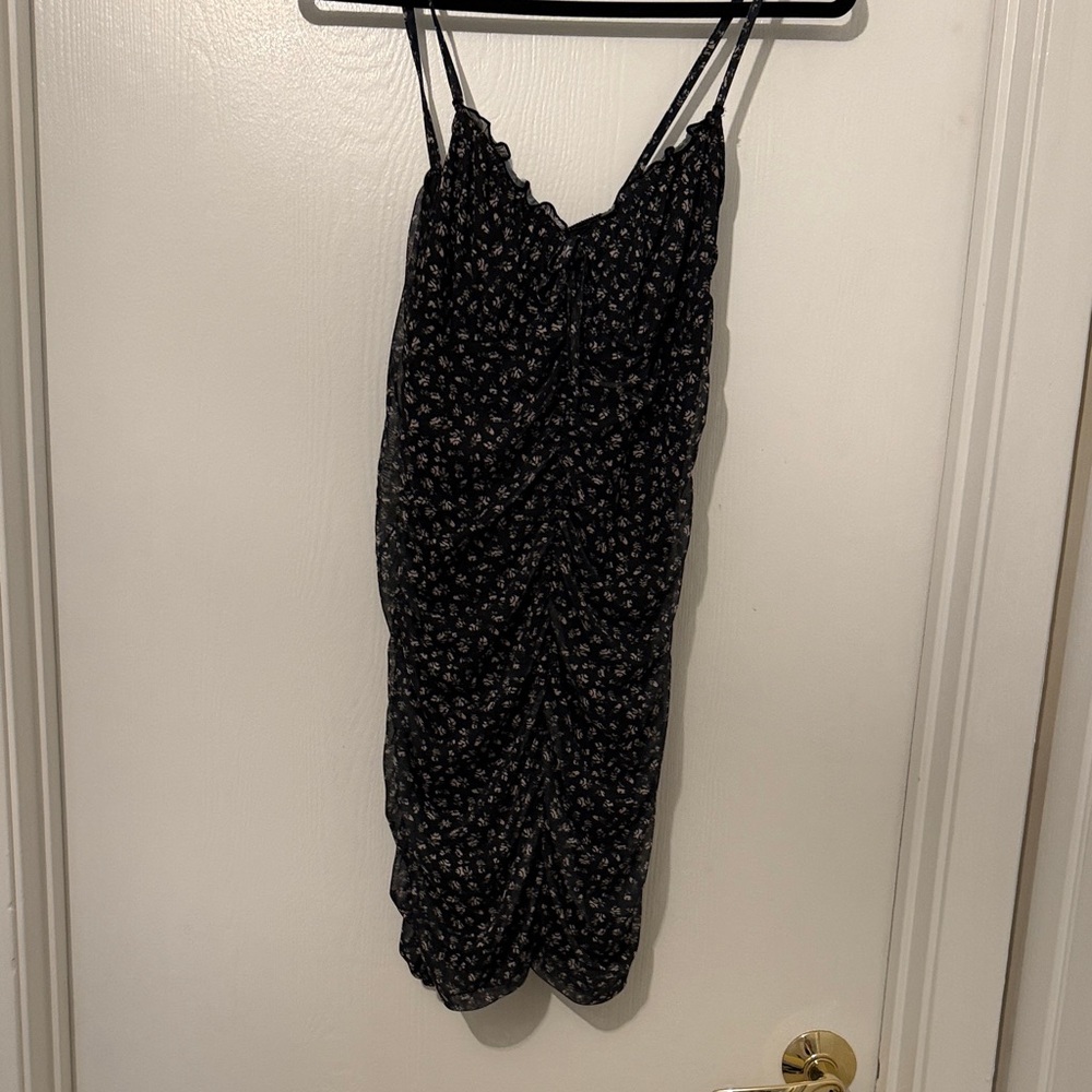 H&M Black Mini Dress with Tiny Floral Print and Spaghetti Straps